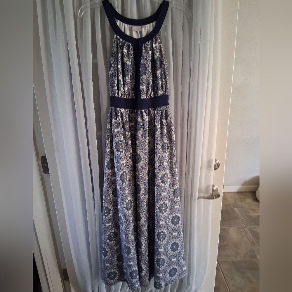 eShakti Blue and White Patterned Maxi Dress